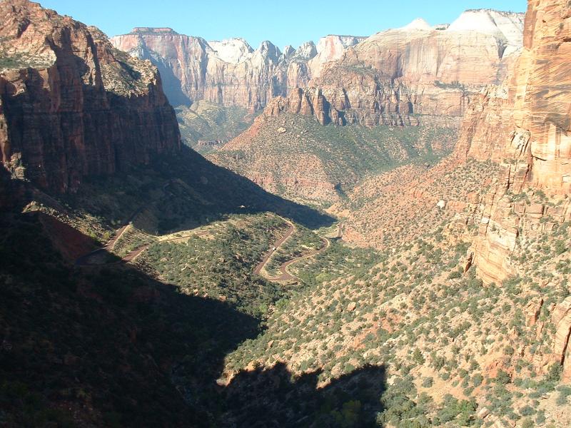 Looking down on the road after the tunnel, Zion Canyon.