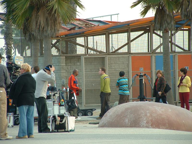 A camera crew working at Santa Monica beach