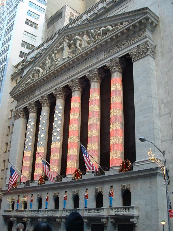 New York Stock Exchange entrance, decorated for Christmas, New York City