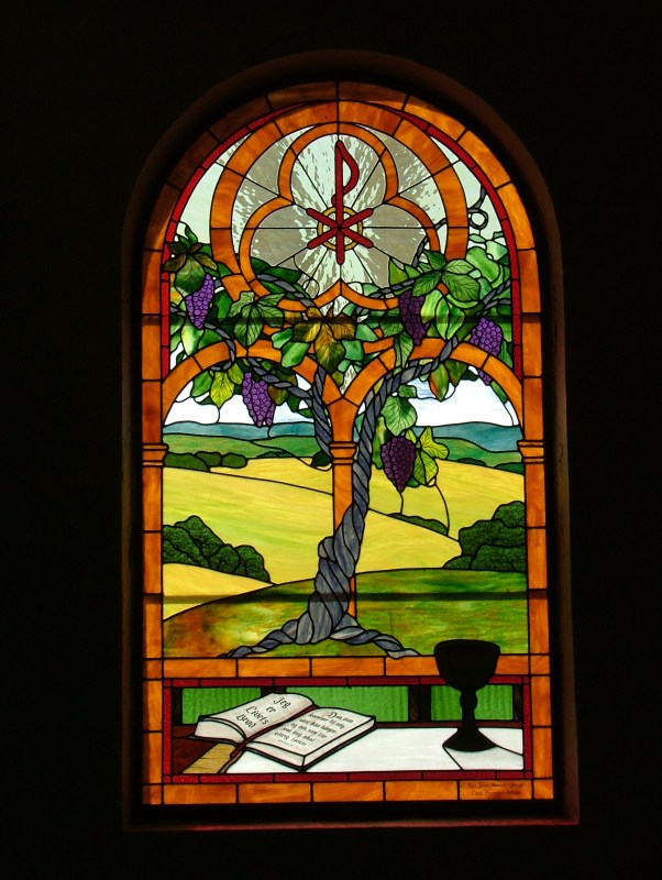 A stained-glass window in Bethania Lutheran Church, Solvang, California
