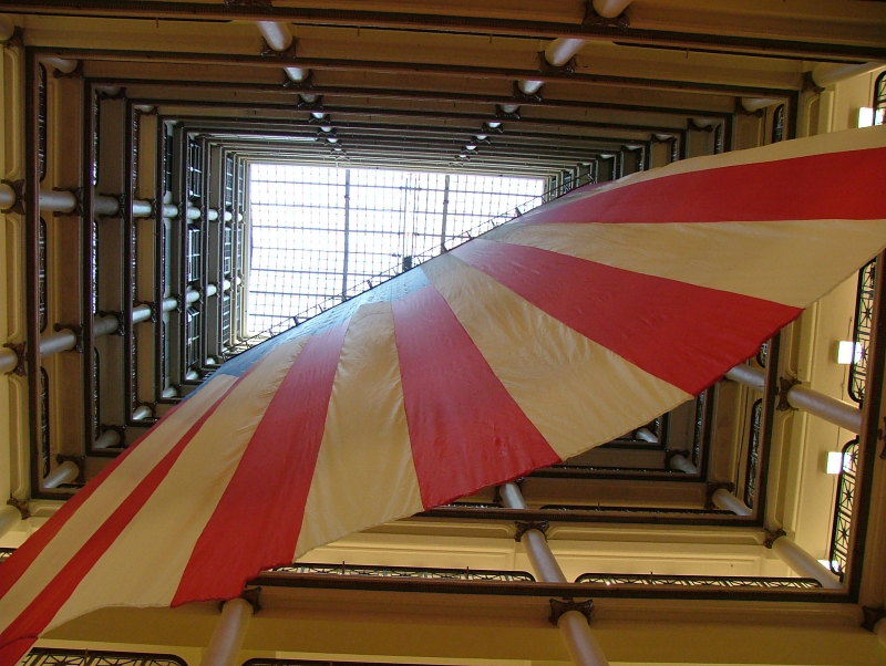 World's largest flag inside a department store, the Great Flag - 900 pounds, and measuring 50x100 ft, Marshall Field's, Chicago