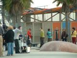 A camera crew working at Santa Monica beach